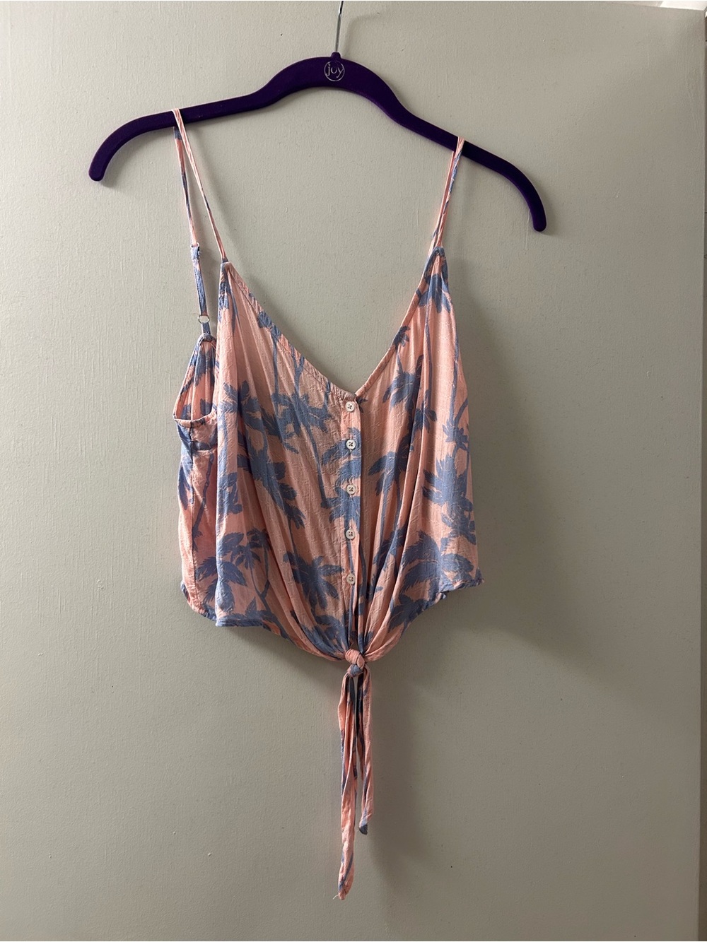 Tie-Front Palm Tree Print Tank Top in Pink and Blue